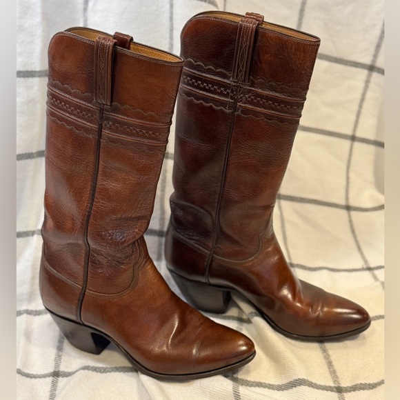 Lucchese Shoes - Vintage Lucchese San Antonio Brown Leather Cowgirl Boots 7.5C Stovepipe EUC USA